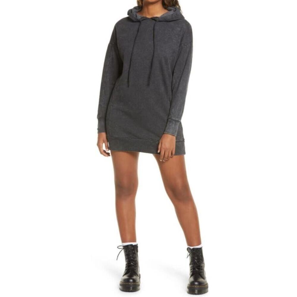 BP. Women's Washed Long Sleeve Hooded Sweatshirt Dress in Black 2XS MSRP $49